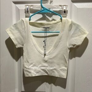 Garage White Ribbed V-Neck Crop Top